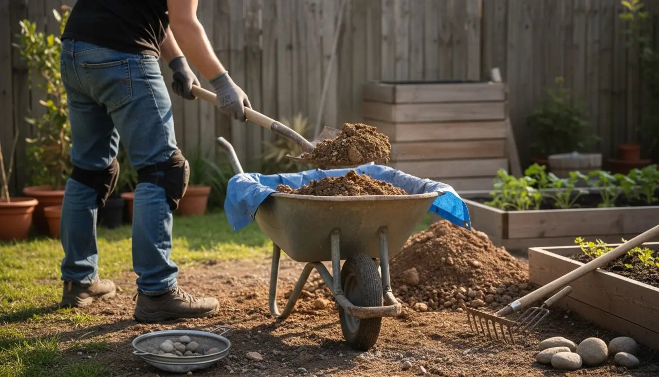 En handske-klædt person skovler blandet jord og småsten i en trillebør i en baghave.