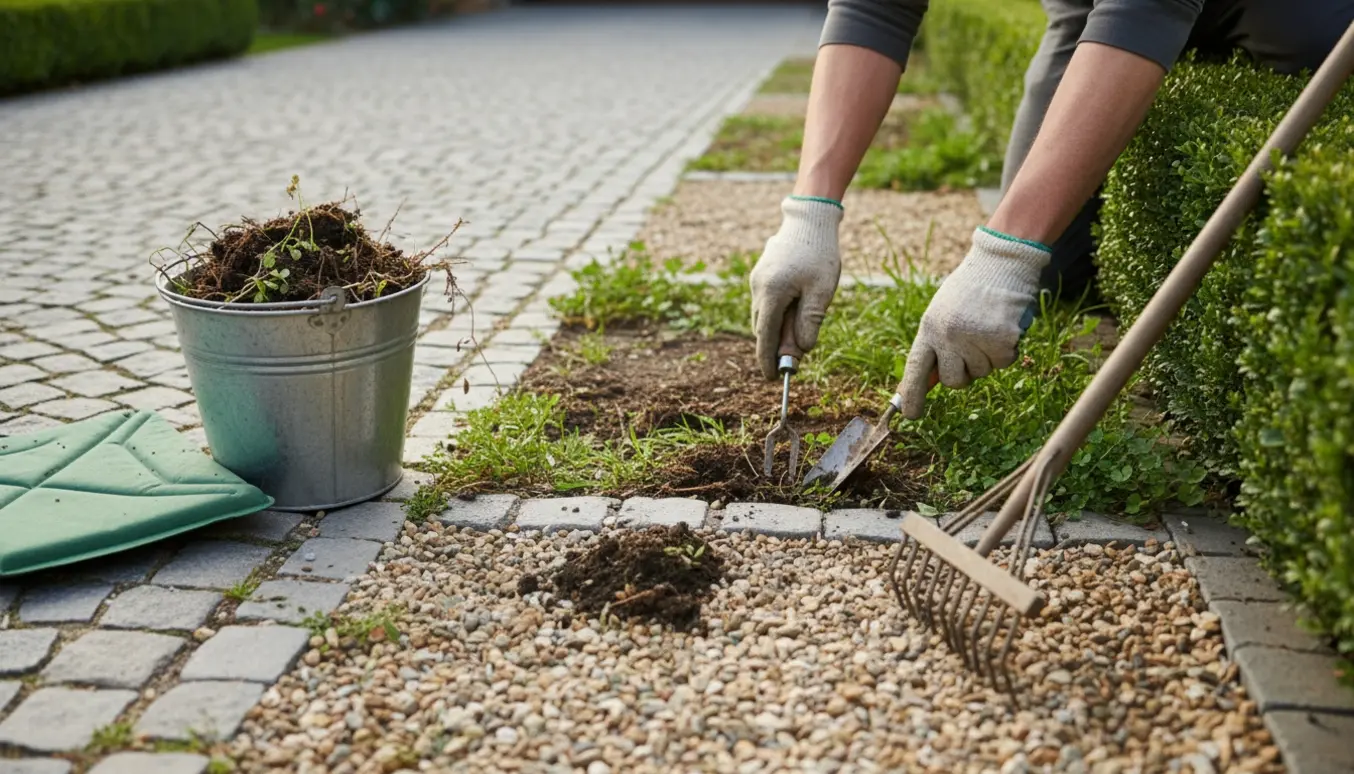 Nærbillede af handsker og haveredskaber, der fjerner ukrudt mellem små sten langs en indkørsel og hæk.