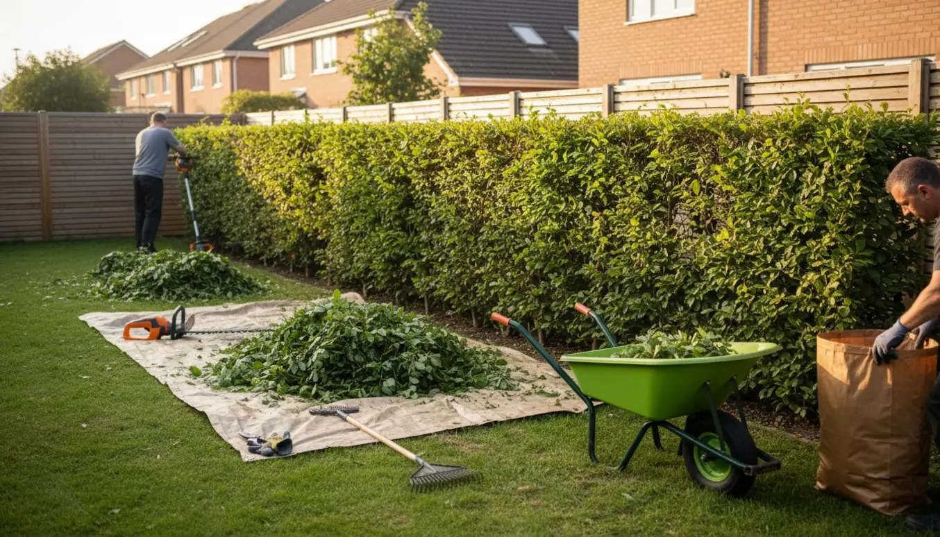 Bøgehæk bliver klippet i en villahave, afklip samles i trillebør og på en presenning.
