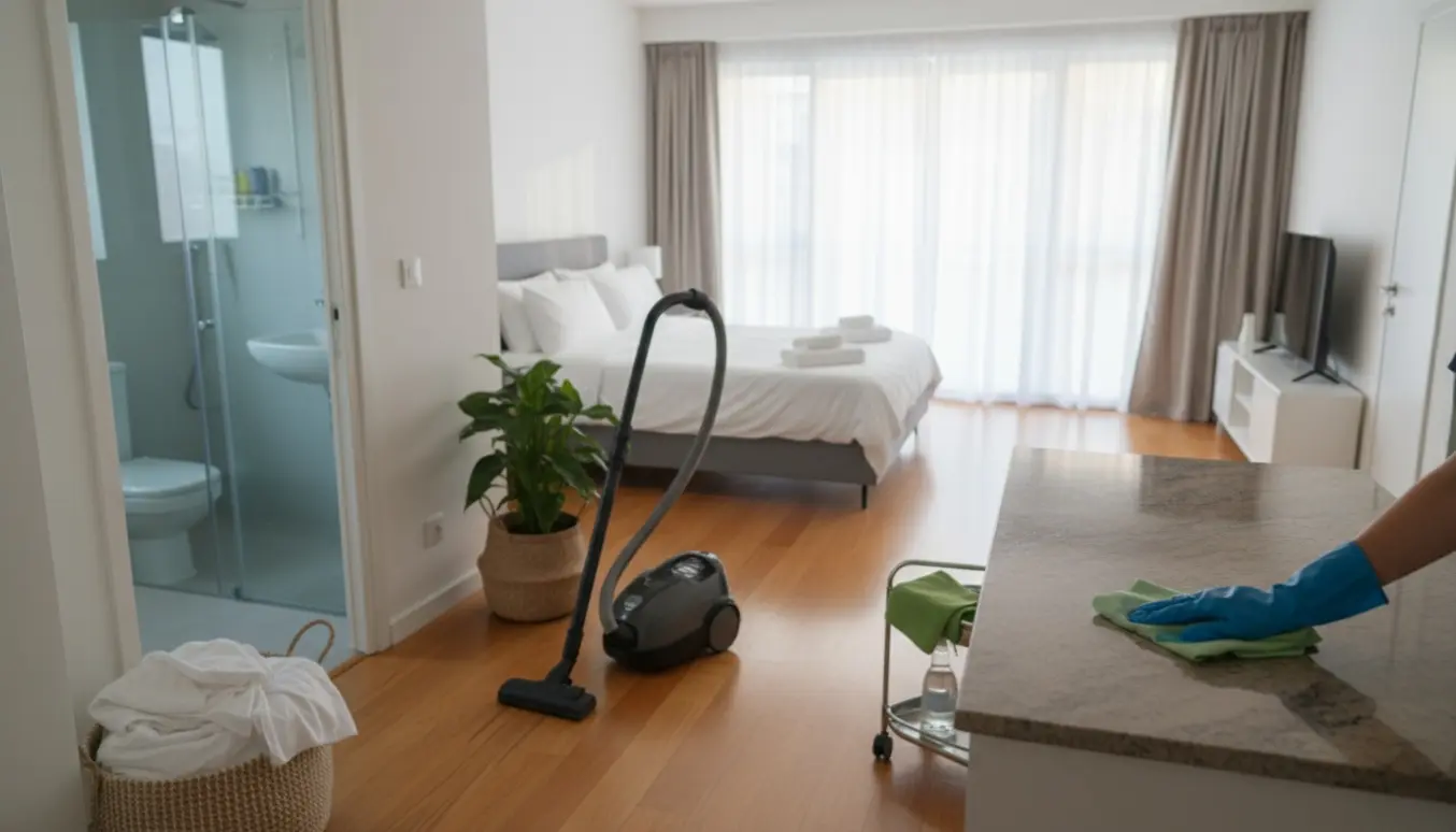 Rengjort åben lejlighed efter Airbnb-udlejning med støvsuger, microfiber-klud og nyfoldede håndklæder.