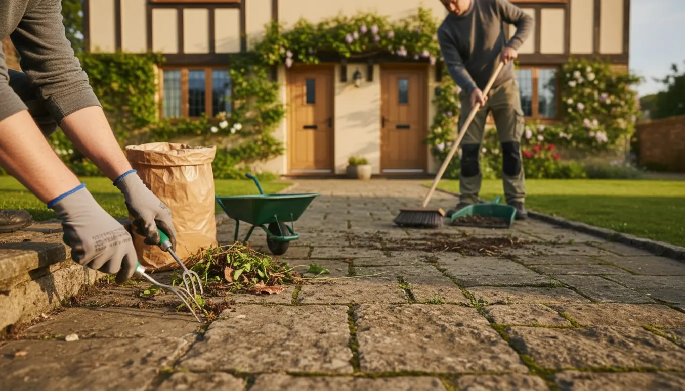 Person fjerner ukrudt og fejer fortovet foran et hus og to små indgange.