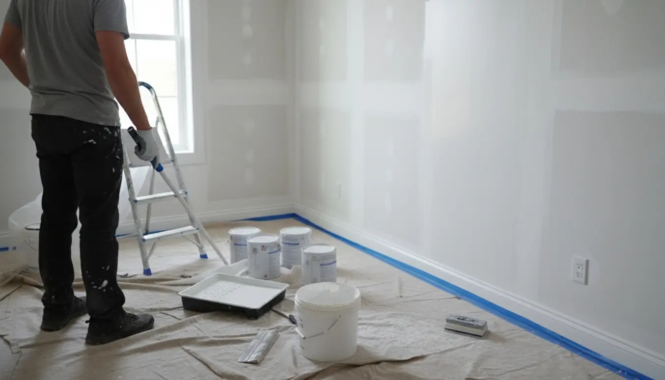 Et lille tomt rum, hvor en maler ruller hvid maling på væggene med malerværktøj og nymalede flader.