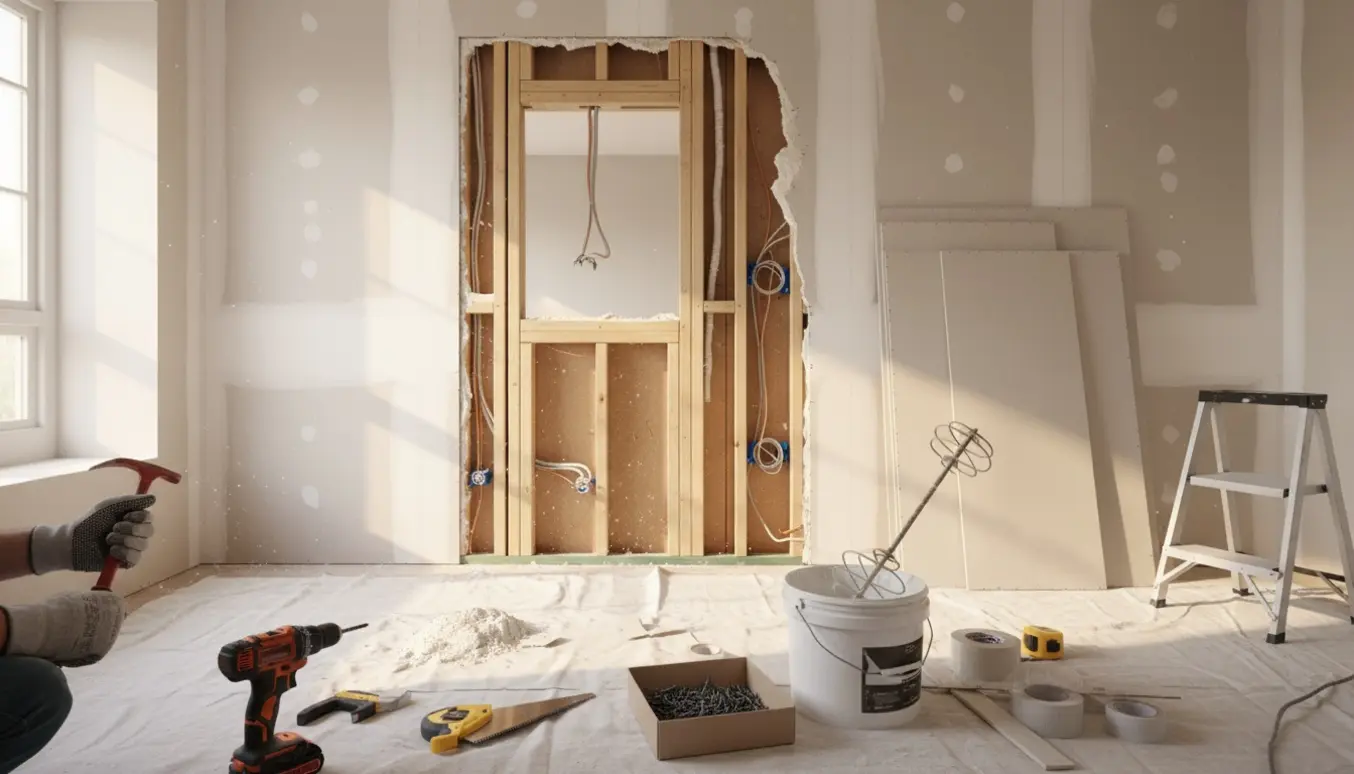 Delvist revet gipsvæg med synlige ledninger og værktøj klar til at lukke en døråbning.