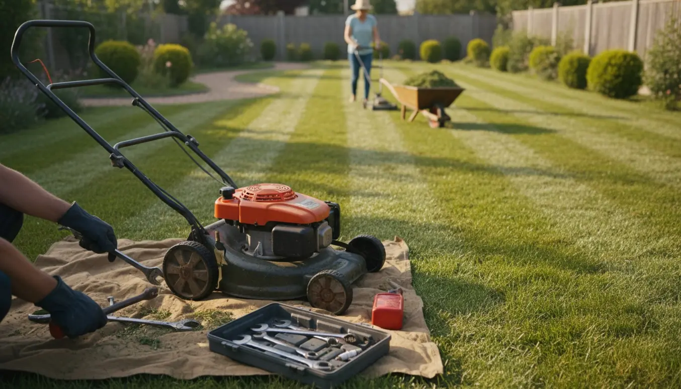 En person reparerer en defekt plæneklipper ved kanten af en velplejet græsplæne, mens en anden slår græs i baggrunden.