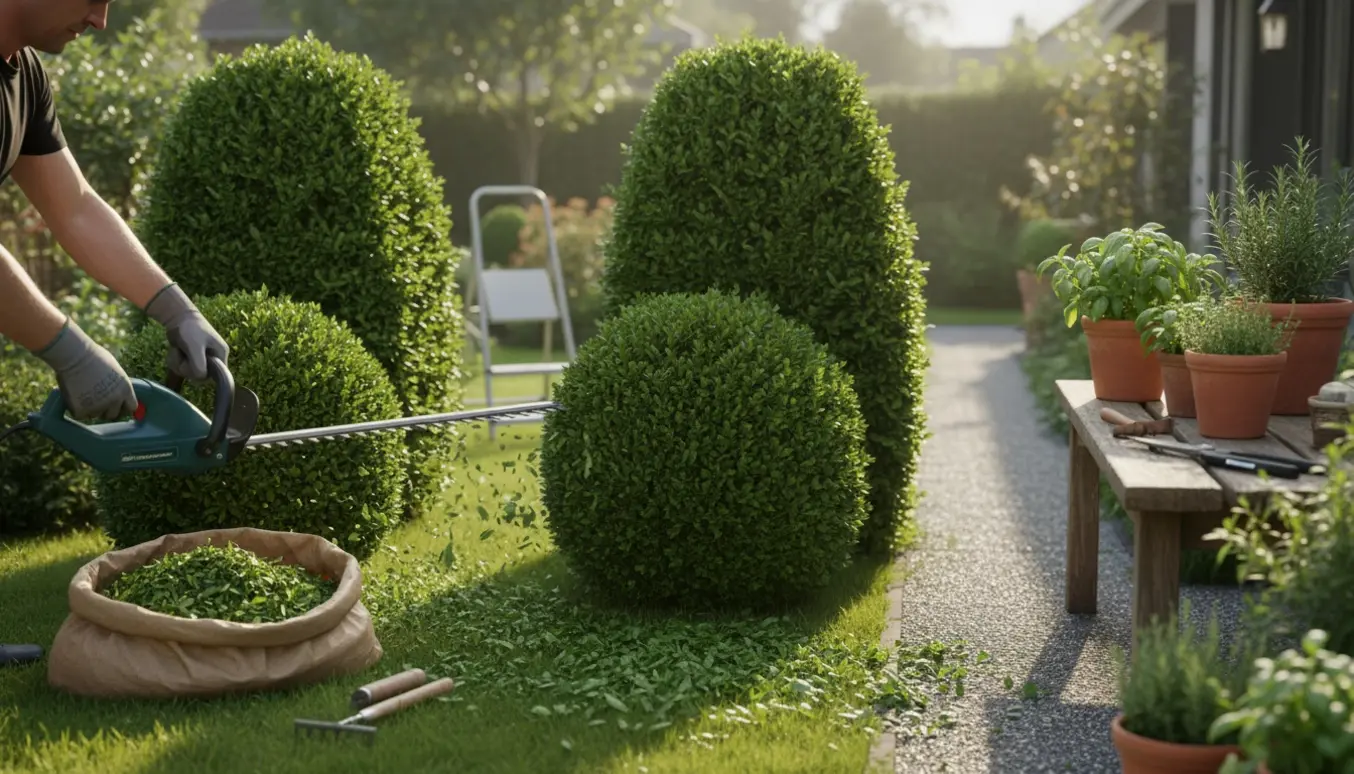 Beskæring af to bøgehække og to buksbom i en lille have med hækkesaks og elektrisk trimmer.