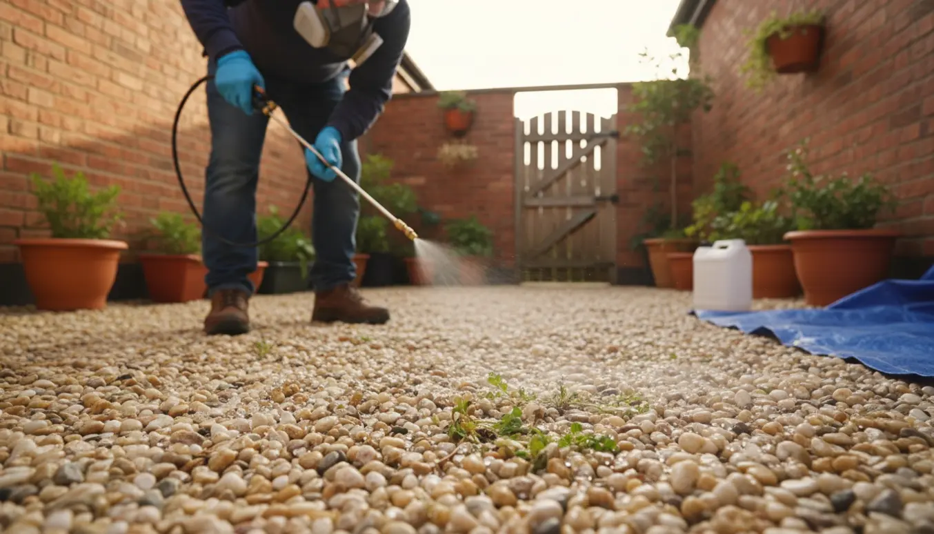 En person i beskyttelsesudstyr sprøjter ukrudt på en gårdsplads dækket af lyse perlesten.