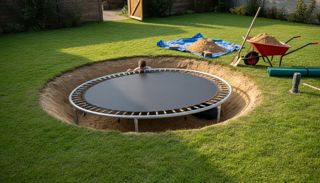 Oval trampolin delvist nedsænket i en skålformet udgravning i en baghave med skovl og trillebør ved siden af.