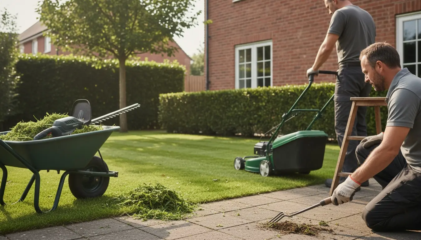 Havemand slår græs og klipper hæk i en hjørnegrund med et enkelt træ og værktøj i forgrunden.
