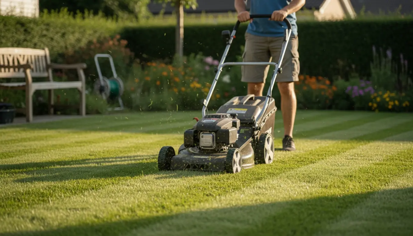 En person set bagfra, der slår græs i en lille baghave med en moderne plæneklipper i aftensol.