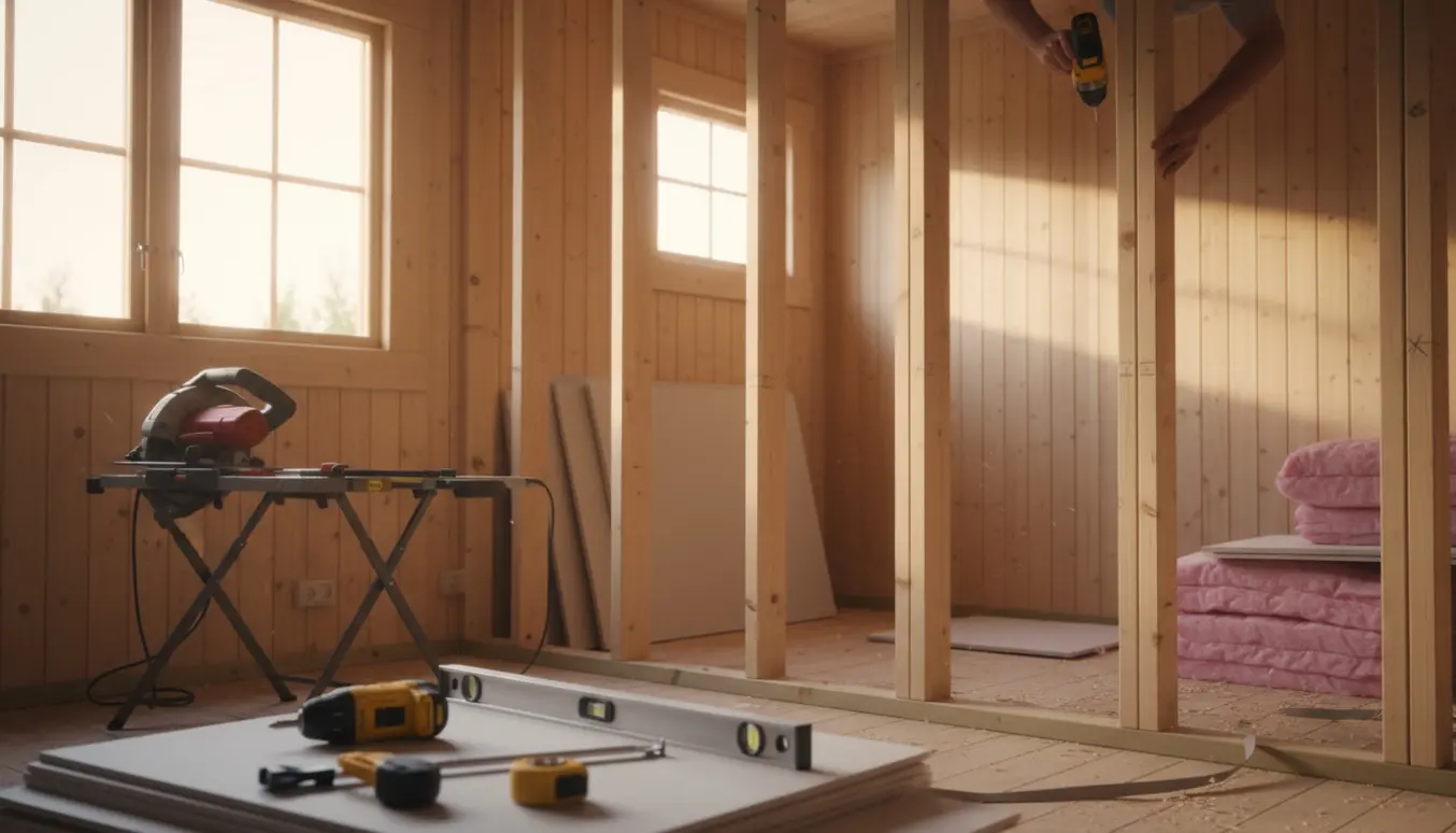 Delvist opført skillevæg i et træsommerhus med værktøj og materialer i forgrunden.