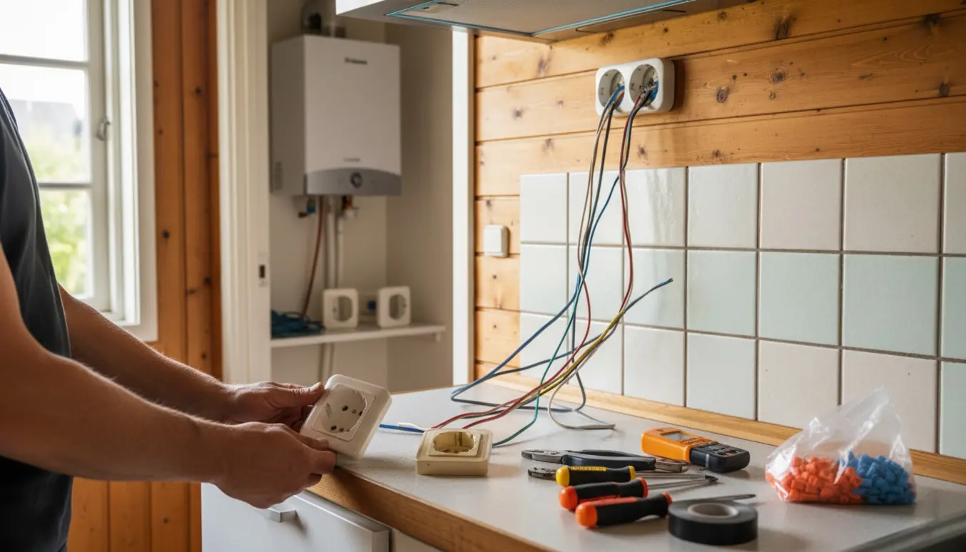 Hænder udskifter gamle stikkontakter i et sommerhuskøkken med værktøj og en lille gennemstrømningsvandvarmer i baggrunden.