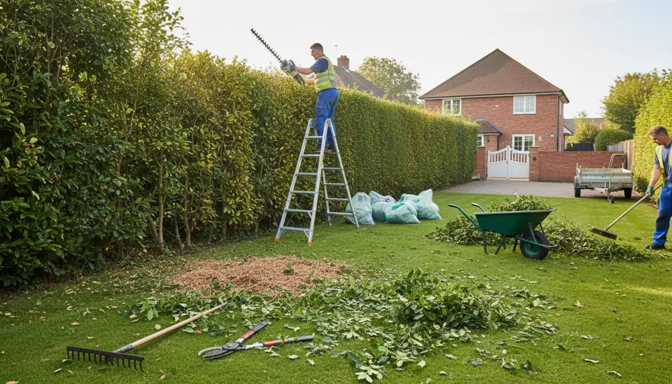 En havearbejder klipper en lang hæk ned og samler nyklippede grene i en trillebør til bortkørsel.