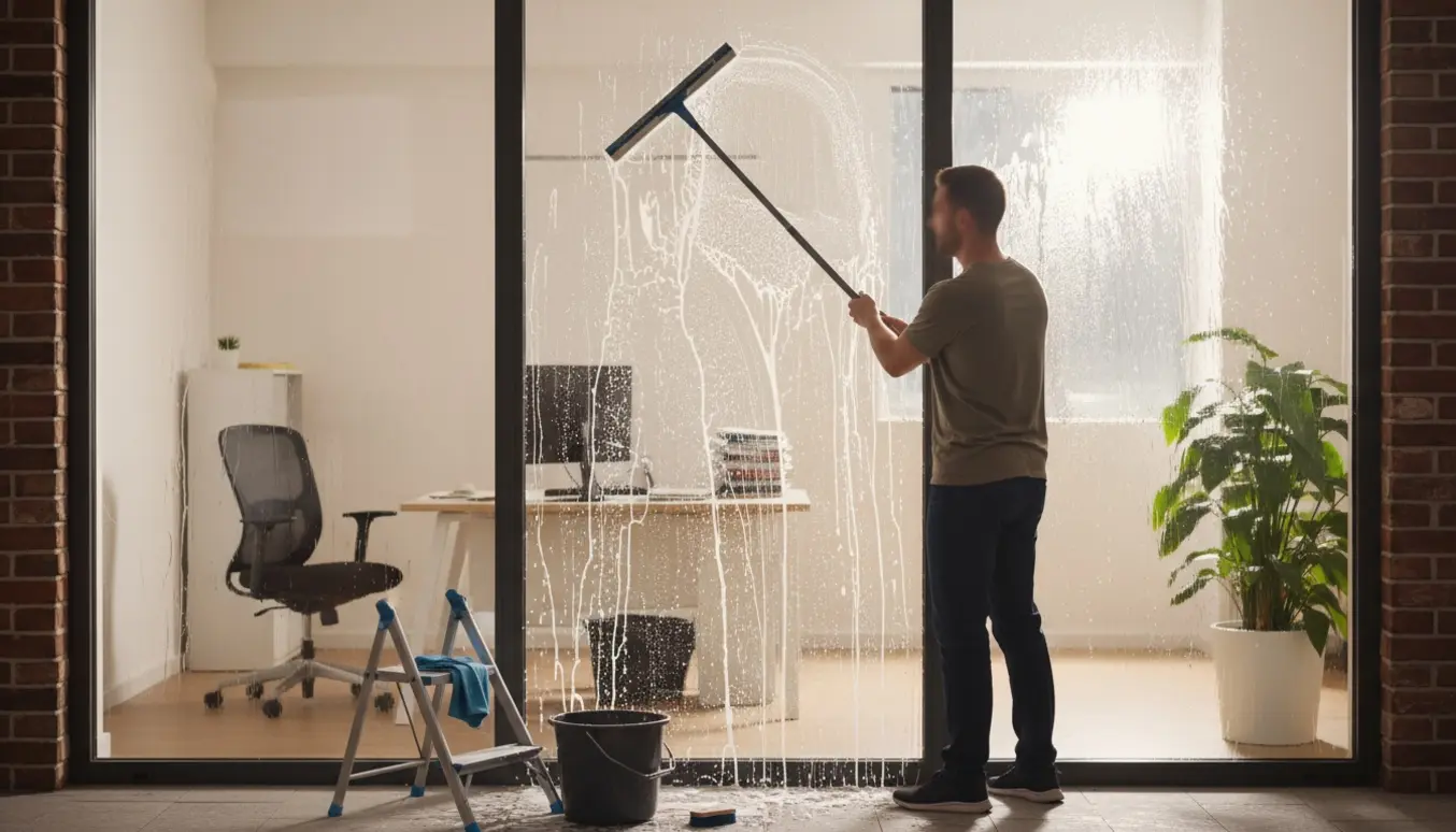 En vinduespudser renser tre kontorvinduer på første sal set udefra.