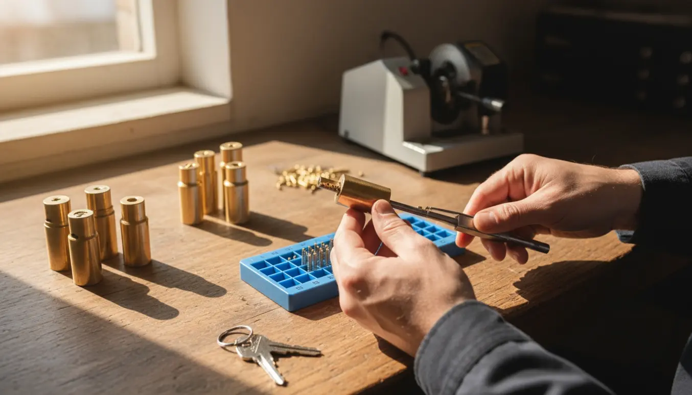 Låsesmedshænder omstiller syv låsecylindre med nøgler og pin-tray på et træbord.