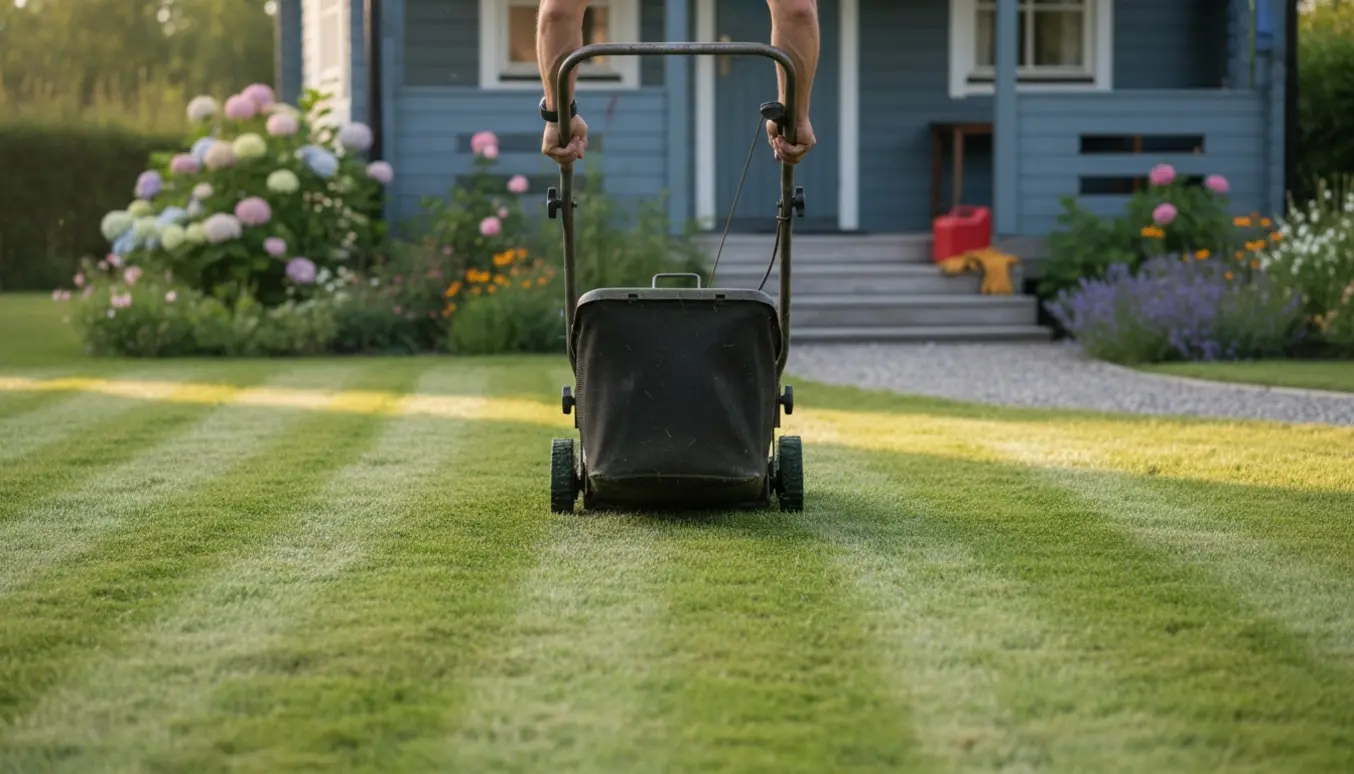 Benzindrevet plæneklipper i brug foran et træsommerhus med nyslået græs.