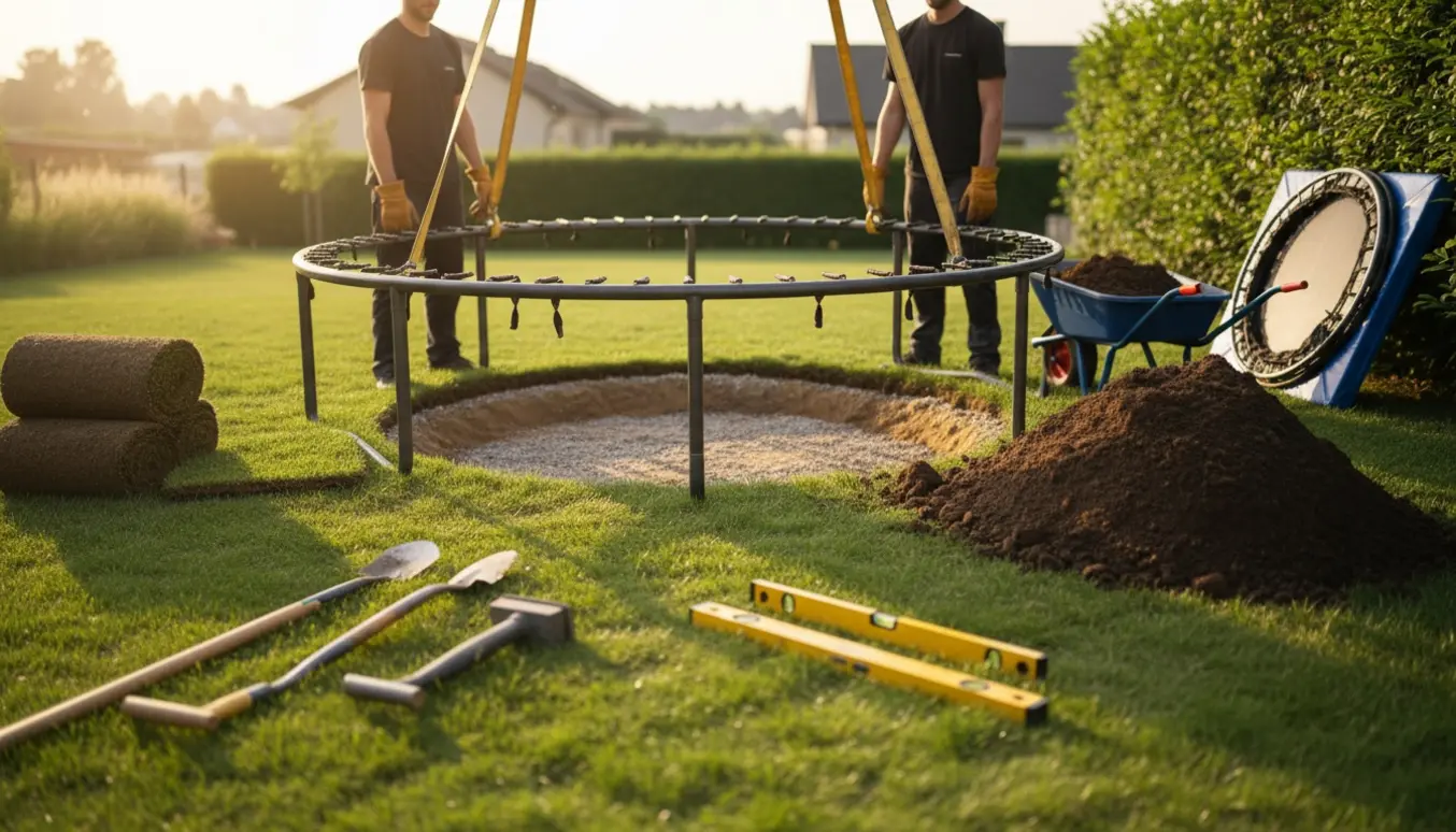 Rund trampolin sænkes ned i et udgravet hul i haven med skovle, trillebør og rullegræs omkring.