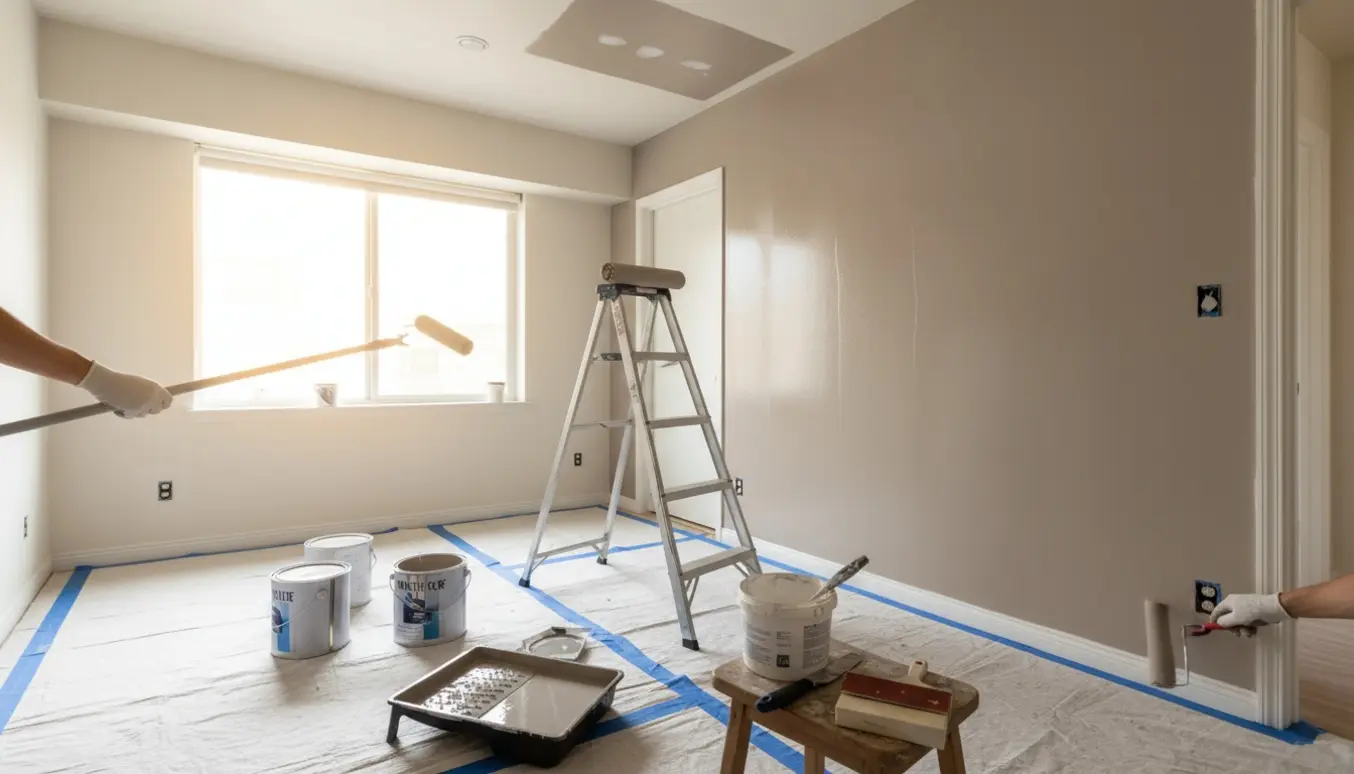 Tom lejlighed i gang med indendørs maling med stige, malerværktøj og nymalet væg.