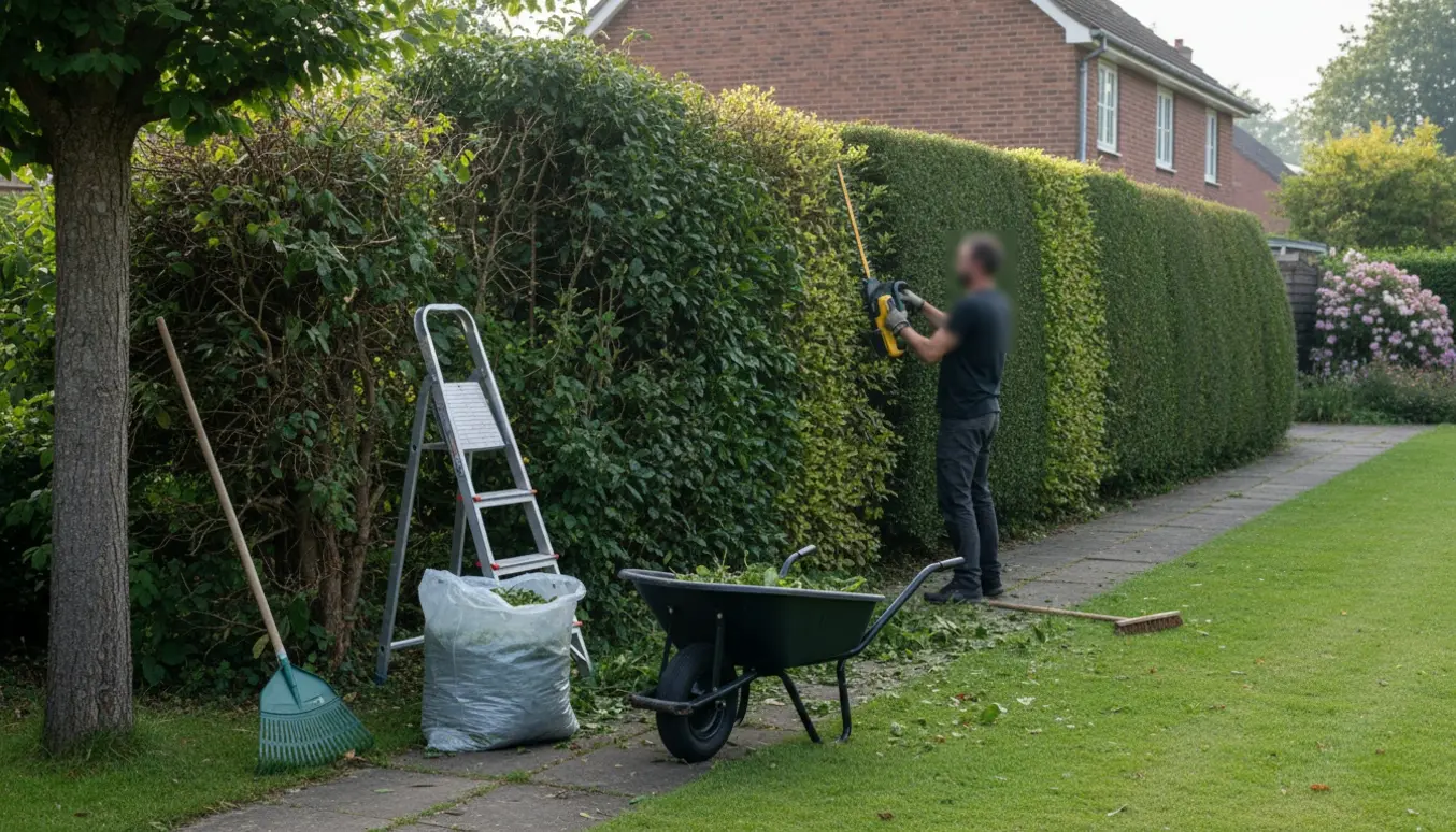 Lang hæk bliver klippet på siden og toppen med hækkeklipper, stige og trillebør med afklip.