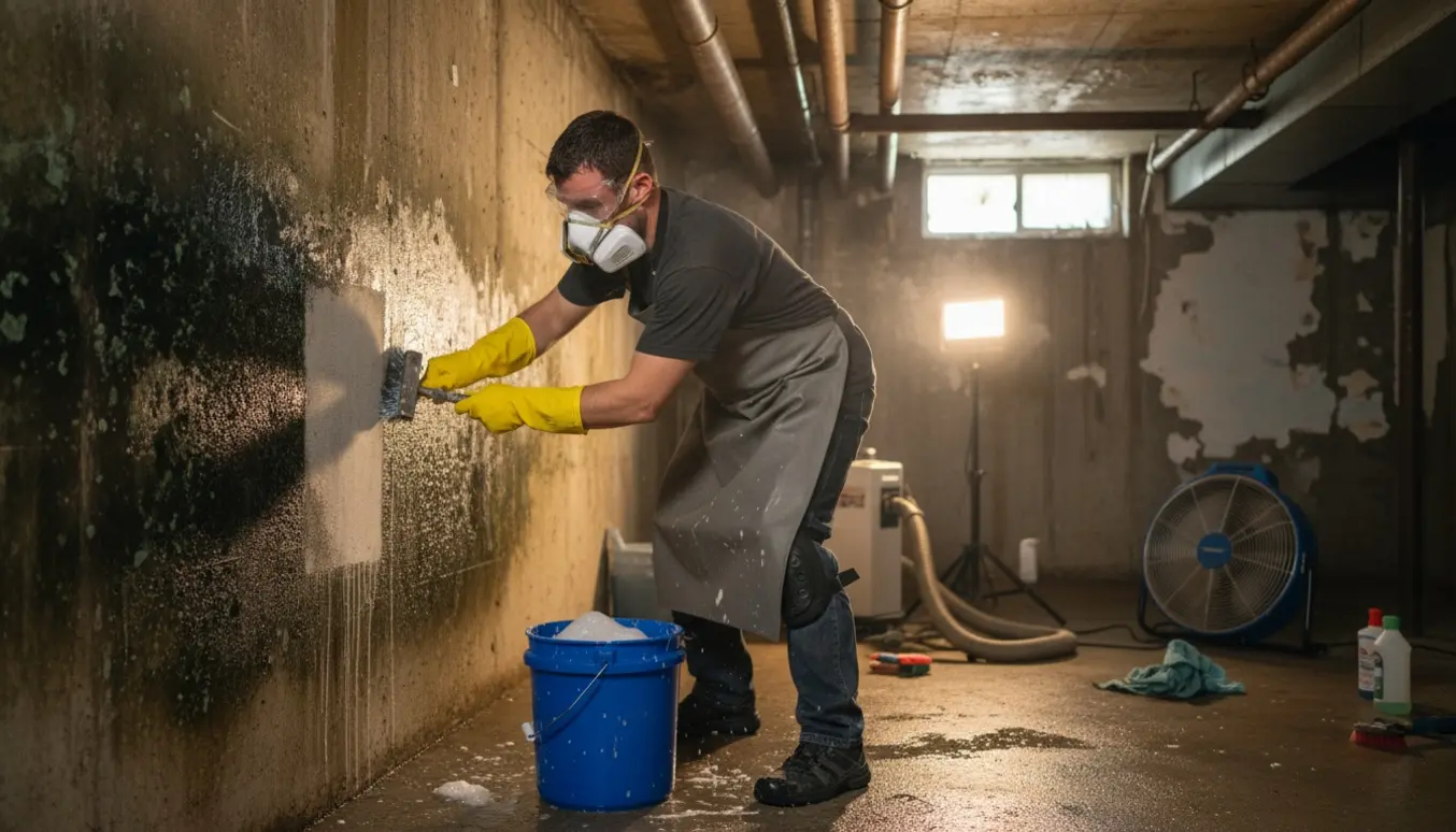 Person i beskyttelsesudstyr skrubber mug og skimmel af kældervægge med affugter og rengøringsudstyr i baggrunden.