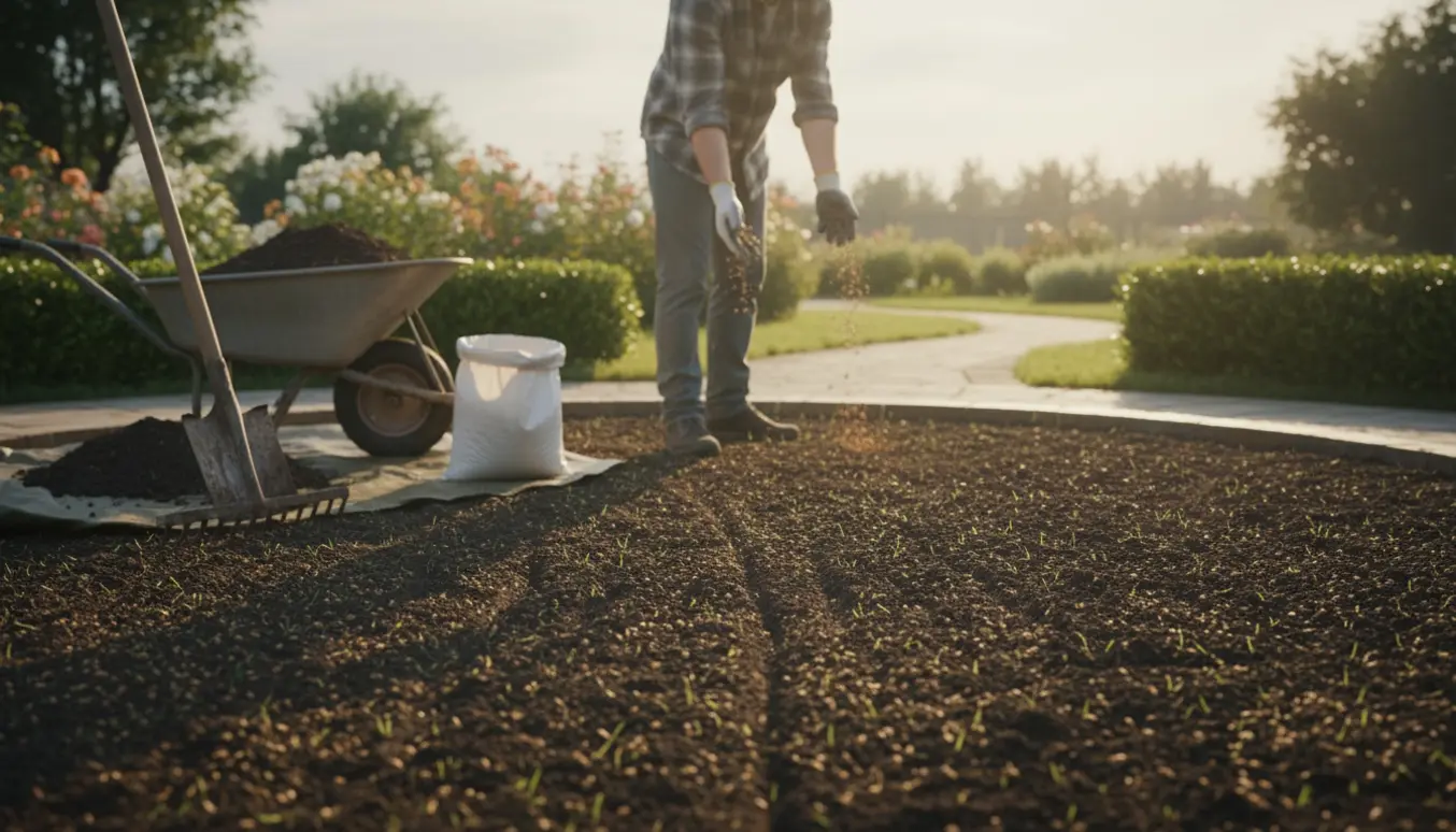Person sår græs over nyudjævnet muld i en baghave med rive, skovl og trillebør i nærheden.