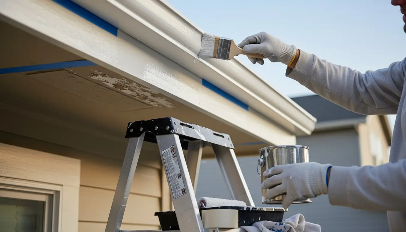 Nærbillede af en person på stige, der maler stern og udhæng med pensel og frisk maling.