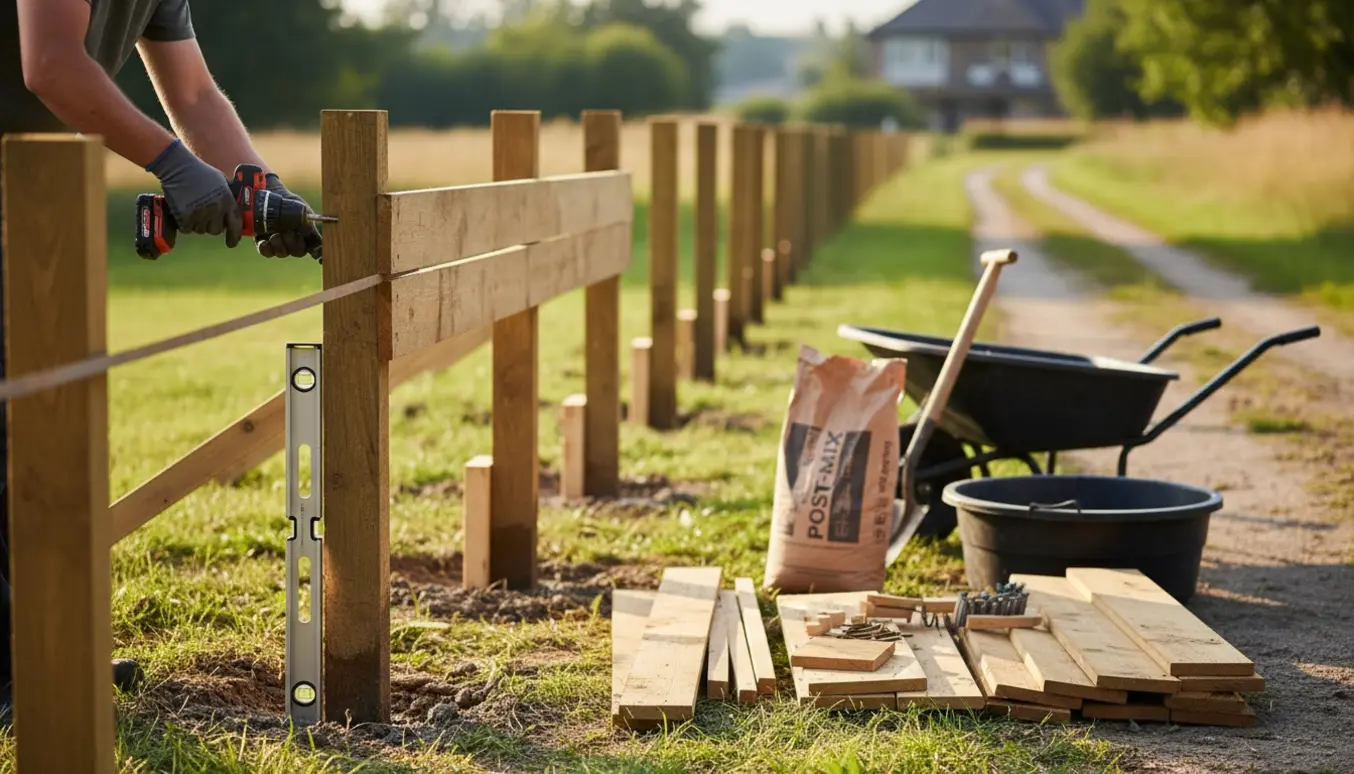 Montering af plankeværk ved skel med stolper støbt i beton, brædder og værktøj i forgrunden.