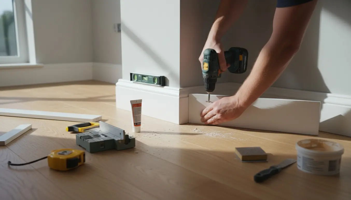 Nærbillede af hænder, der monterer hvide fodlister i et nyrenoveret rum med værktøj og træstøv omkring.