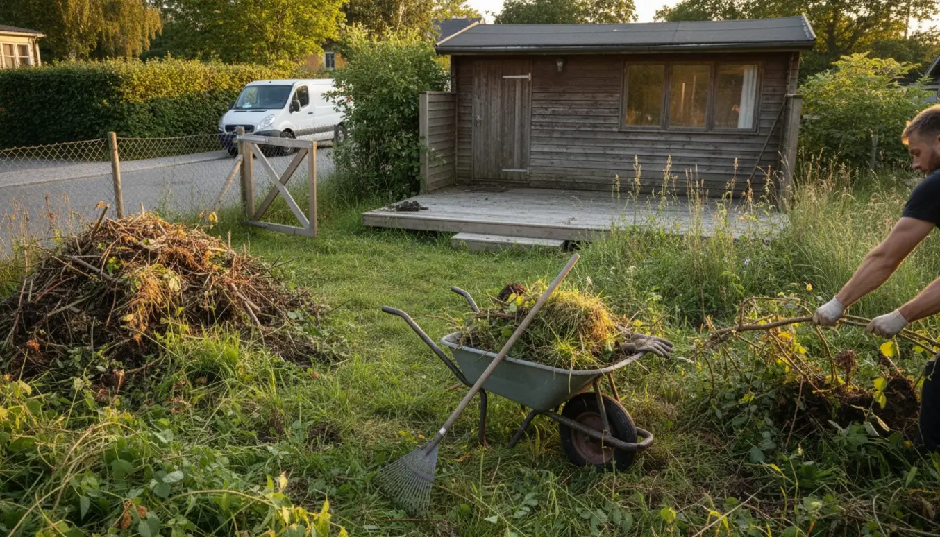Overgroet have ved et træhus og terrasse med haveredskaber, en havebunke og en varevogn udenfor.