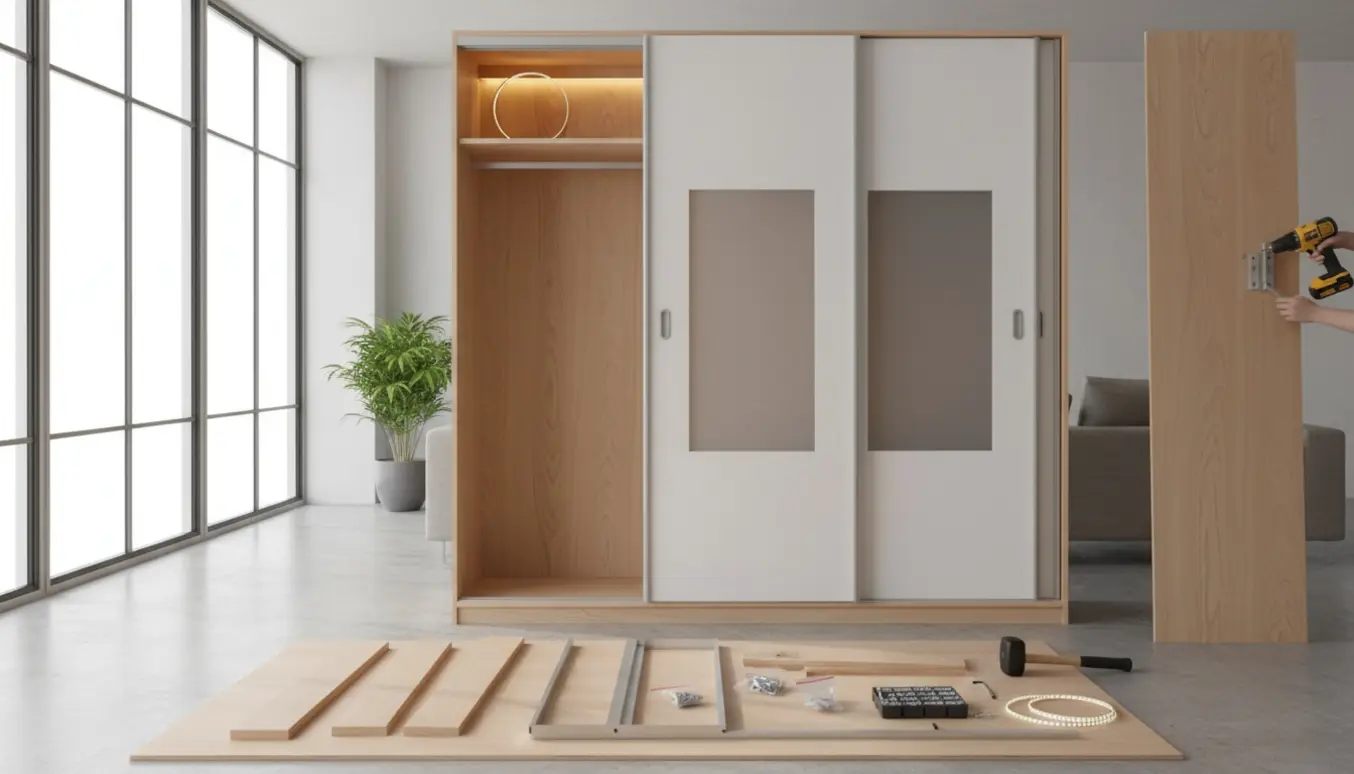 To høje flade‑pakkede skabe under samling med skydedøre og monteret LED‑lyslist, værktøj i forgrunden.