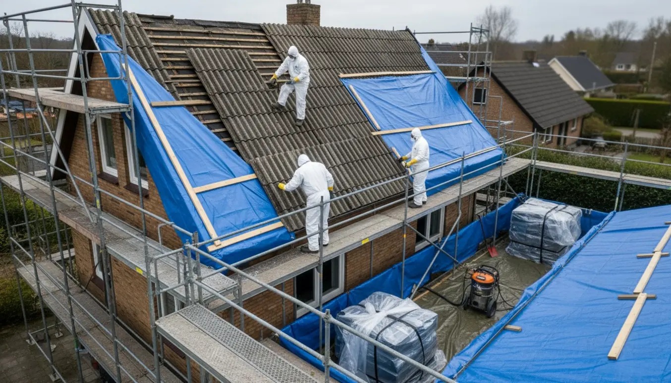 Arbejder i beskyttelsesdragt fjerner og indpakker asbesttag på et lille hus med stillads og presenninger.