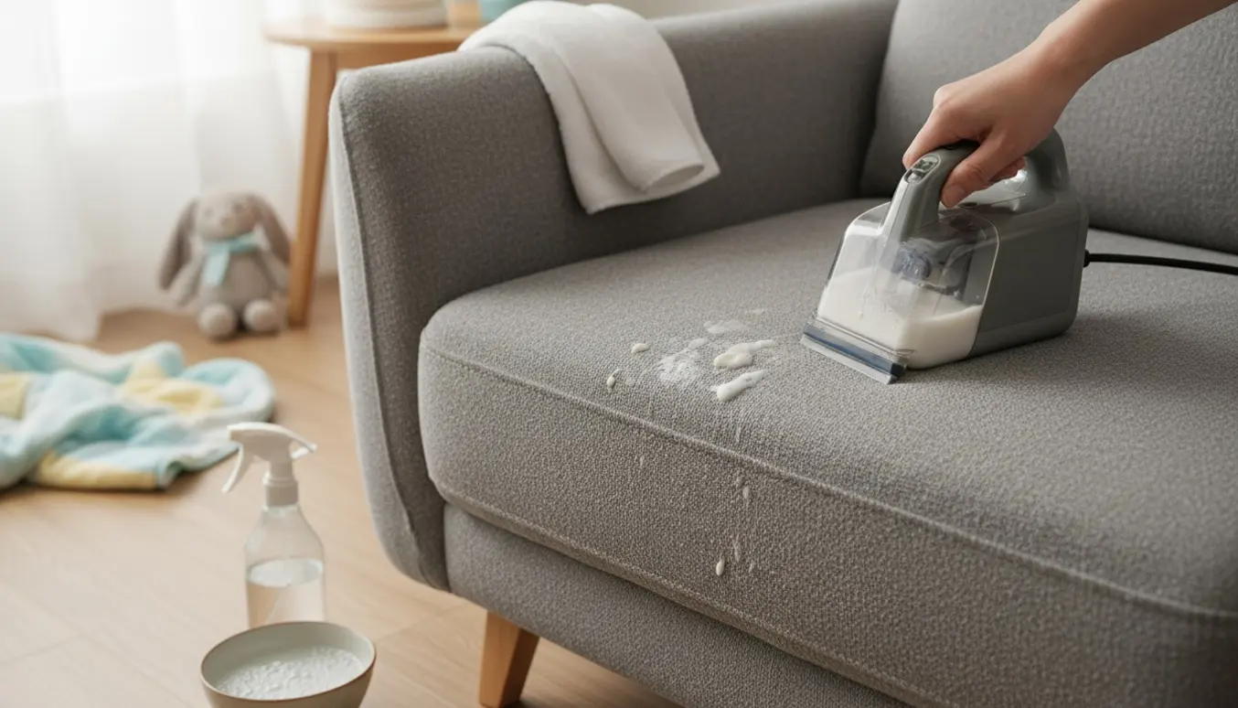 Hånd med lille tæpperenser fjerner babypletter fra en grå stofsofa i blødt dagslys.