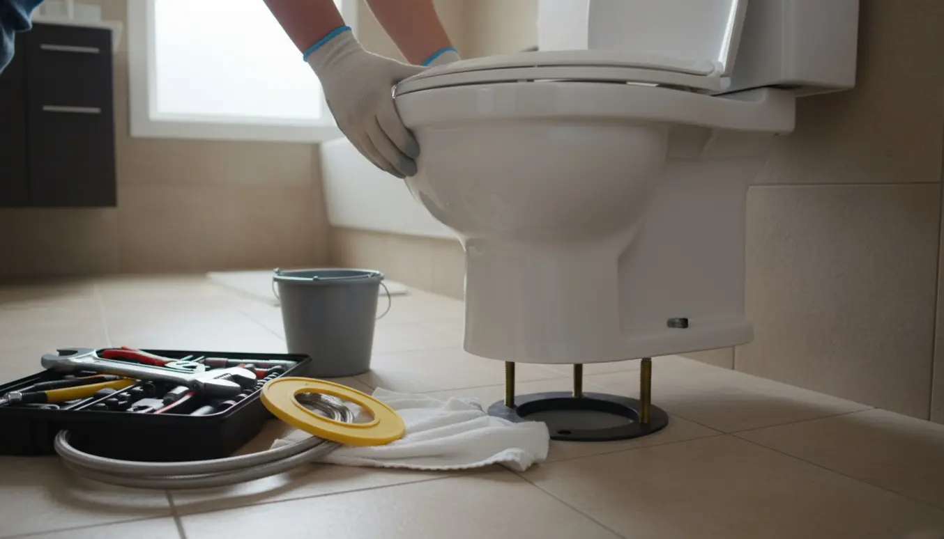 En håndværker i handsker sætter en ny hvid toiletkumme på plads over gulvflangen.