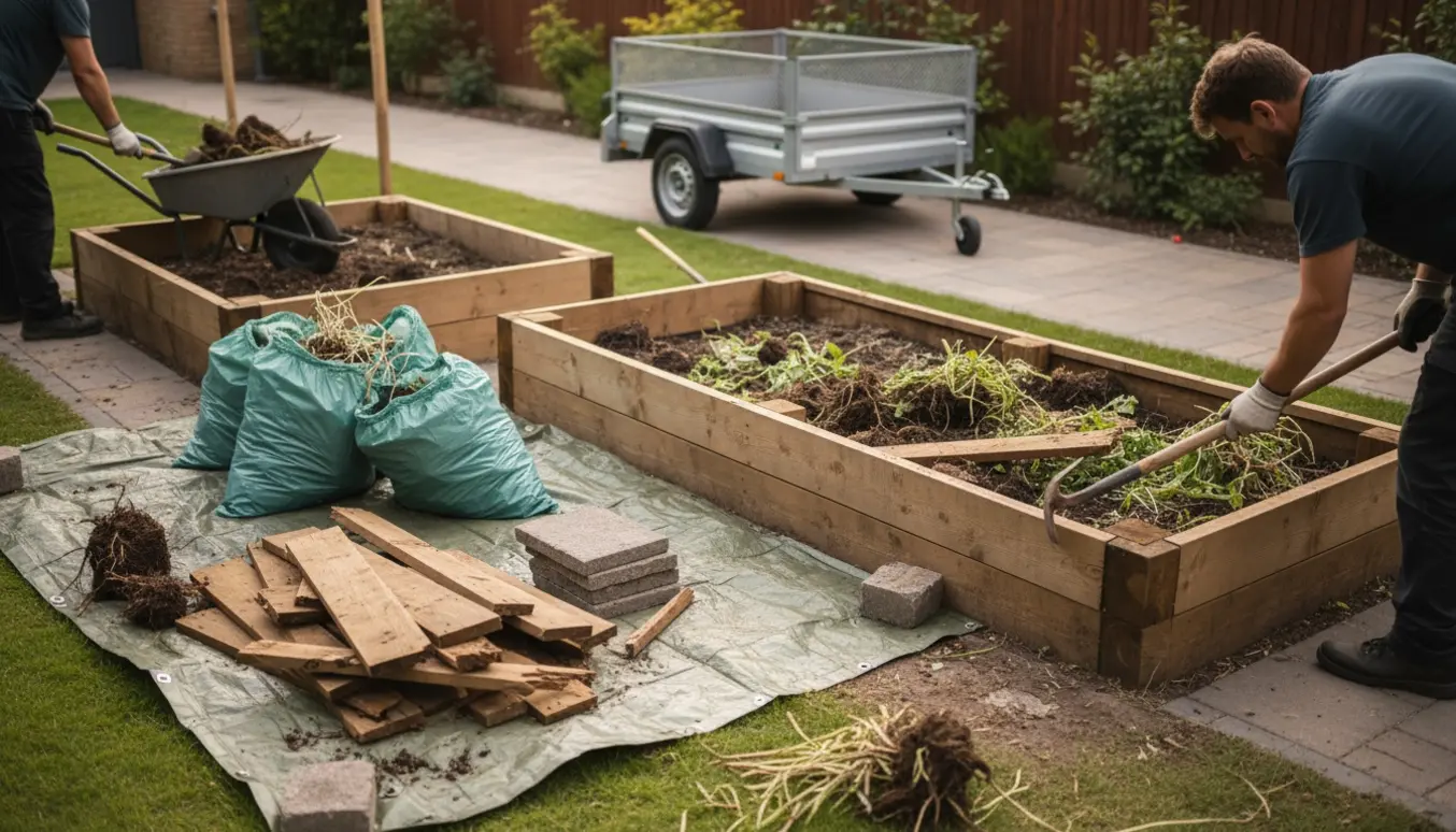 To højbede adskilles og læsses til bortskaffelse med trillebør, skovl og trailer i baghaven.