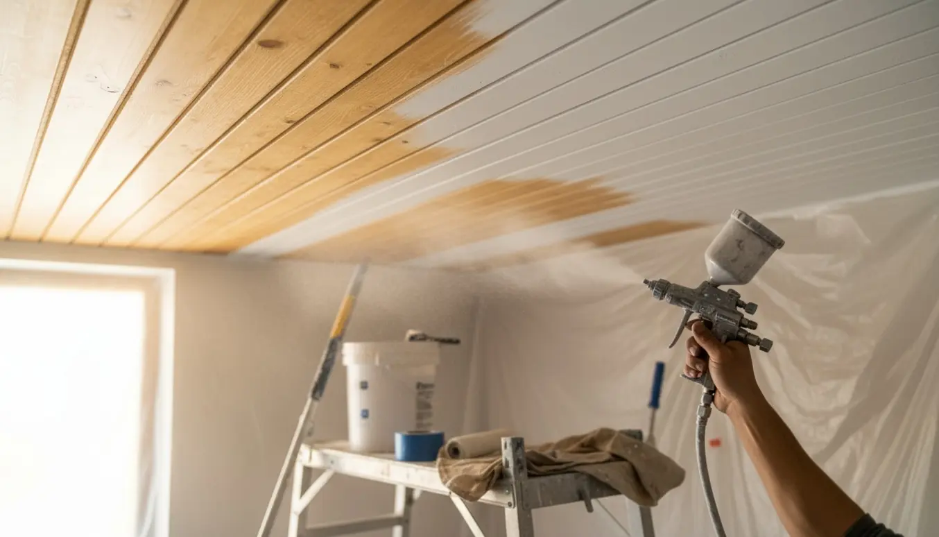 Nærbillede af en sprøjtepistol, der maler et hvidt listeloft med afdækning og stillads i rummet.