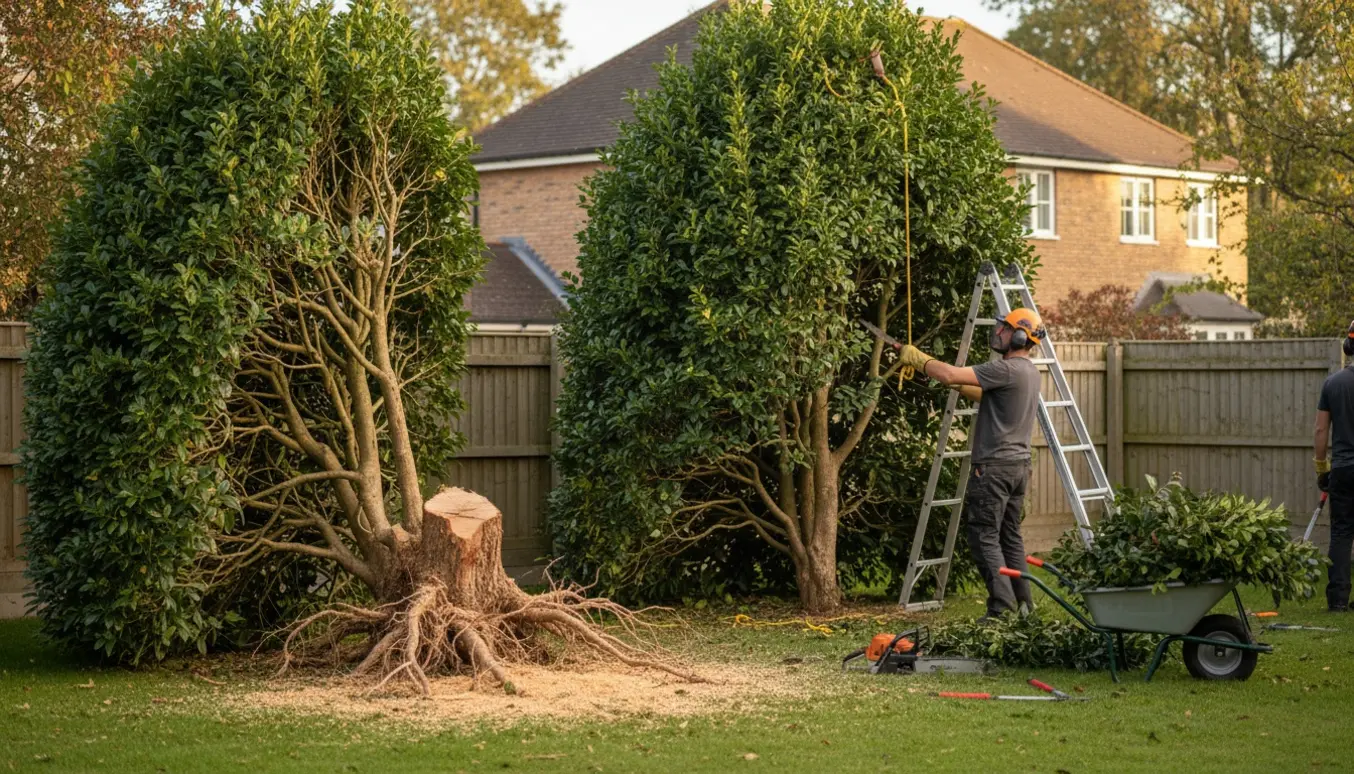 To store kirsebærlaurbærbuske i en have, den ene delvist fældet med stub og savsmuld, den anden skæres ned, omgivet af afskårne grene og haveredskaber.