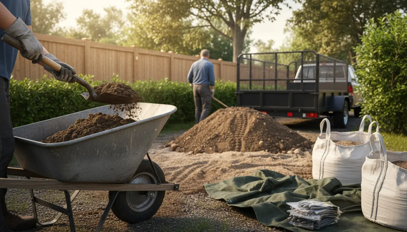 En person læsser jord og sand i en trillebør ved en åben trailer i en have, ansigtet er ikke synligt.