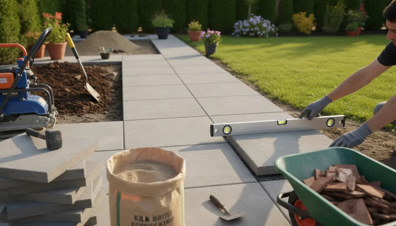 Lægning af nye 50x50 cm havefliser på en lang terrasse med værktøj og en trillebør med gamle fliser ved siden af.