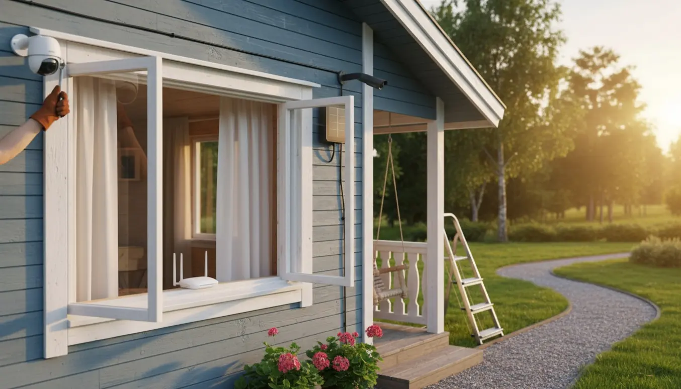 To udendørs overvågningskameraer med solcellebatteri ved et træsommerhus, Wi‑Fi-router synlig gennem vinduet.