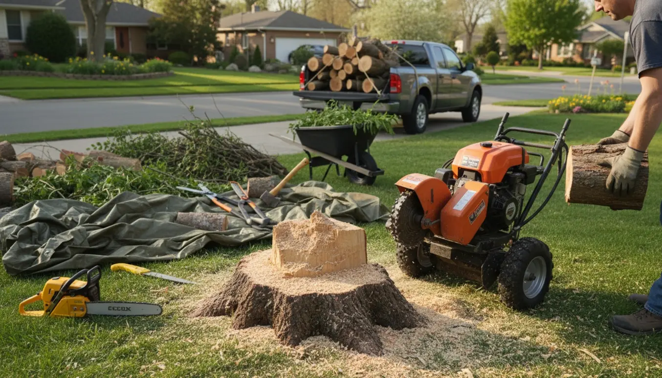 Træstub med savsmuld, værktøj og læs af grene i bagagerummet, klar til kørsel til lossepladsen.