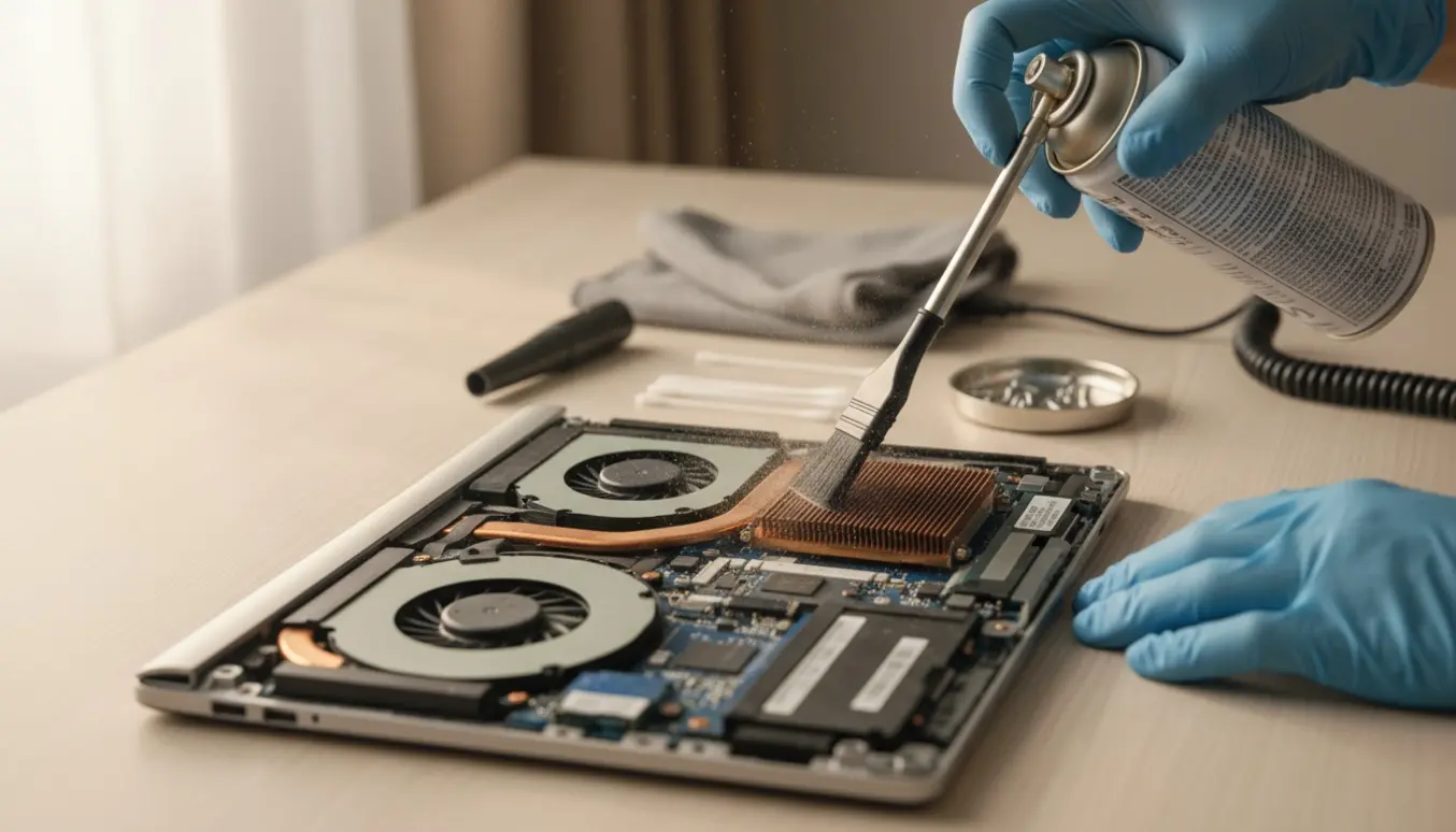Åben MacBook Pro på et rent bord, hvor handskerede hænder fjerner støv fra blæser og indmad med børste og trykluft.