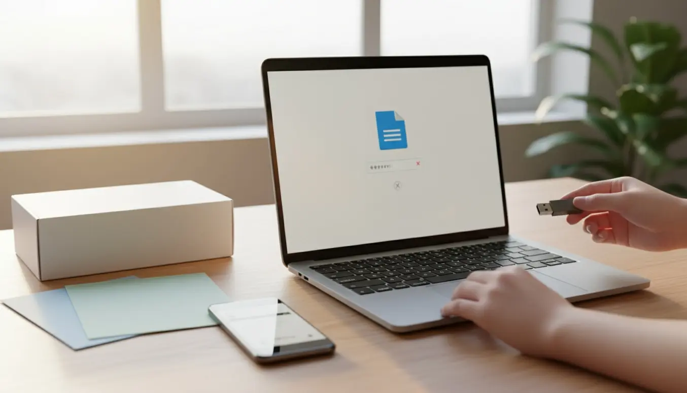 Hænder forsøger at indtaste kode og installere kontorsoftware på en bærbar med USB-stick på et lyst skrivebord.
