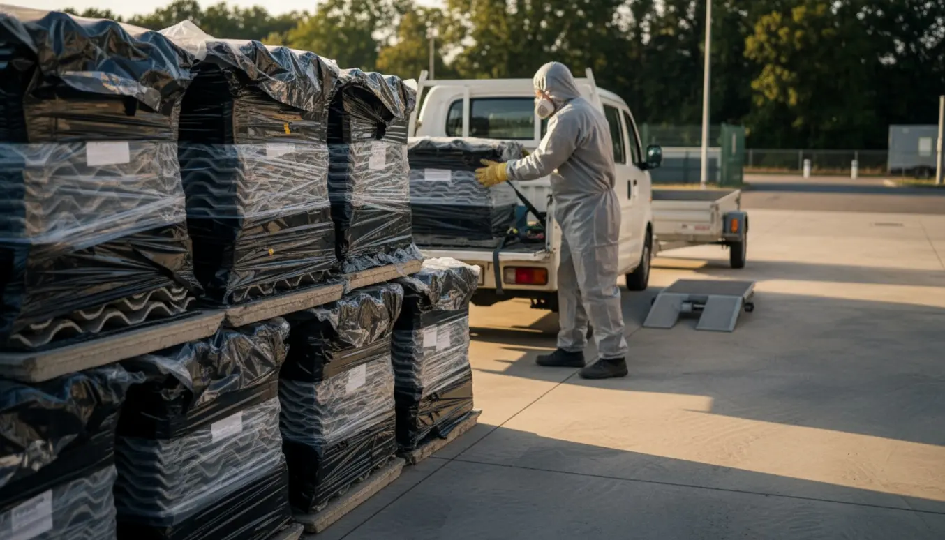 Indpakkede eternit-tagplader på indkørsel klar til afhentning, arbejdstager i beskyttelsesdragt læsser dem i varevogn.