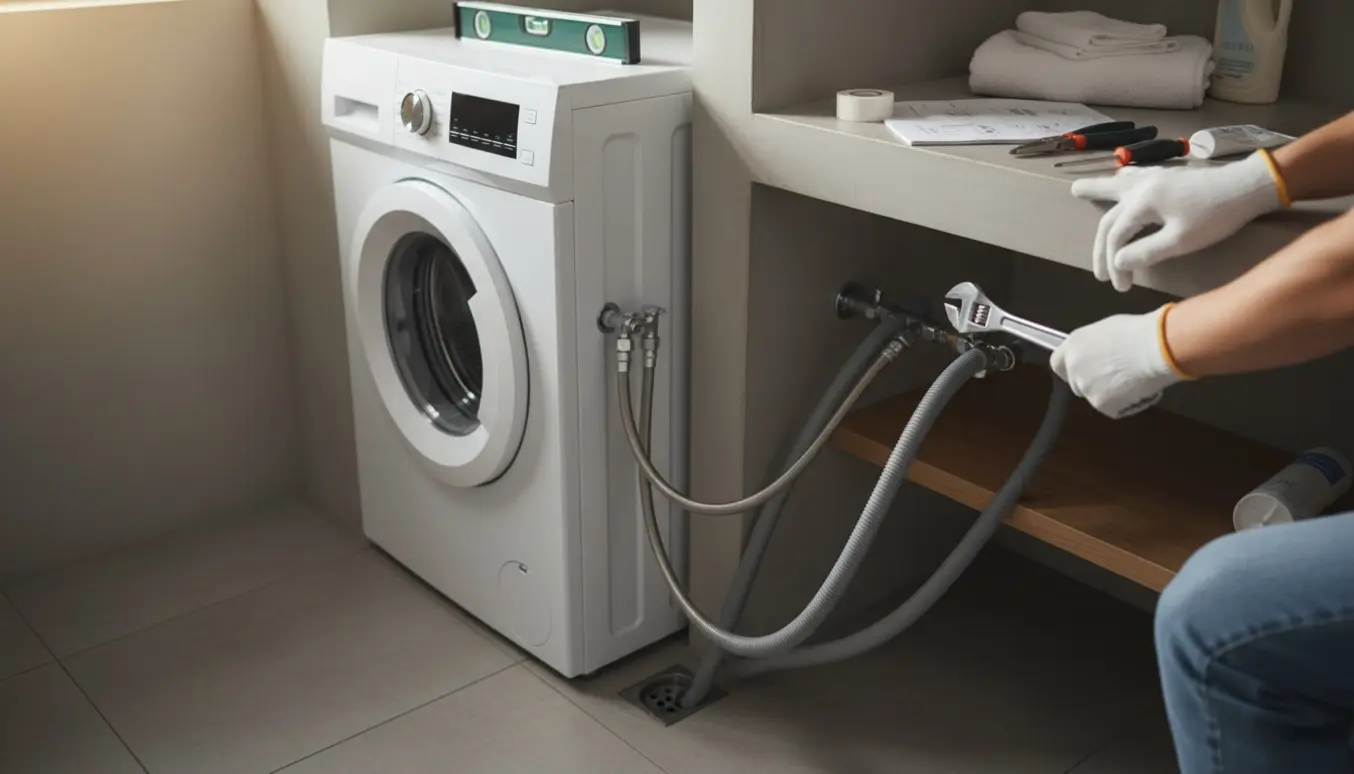 Person monterer en vaskemaskine i et lyst badeværelse med synlige vandtilslutninger.