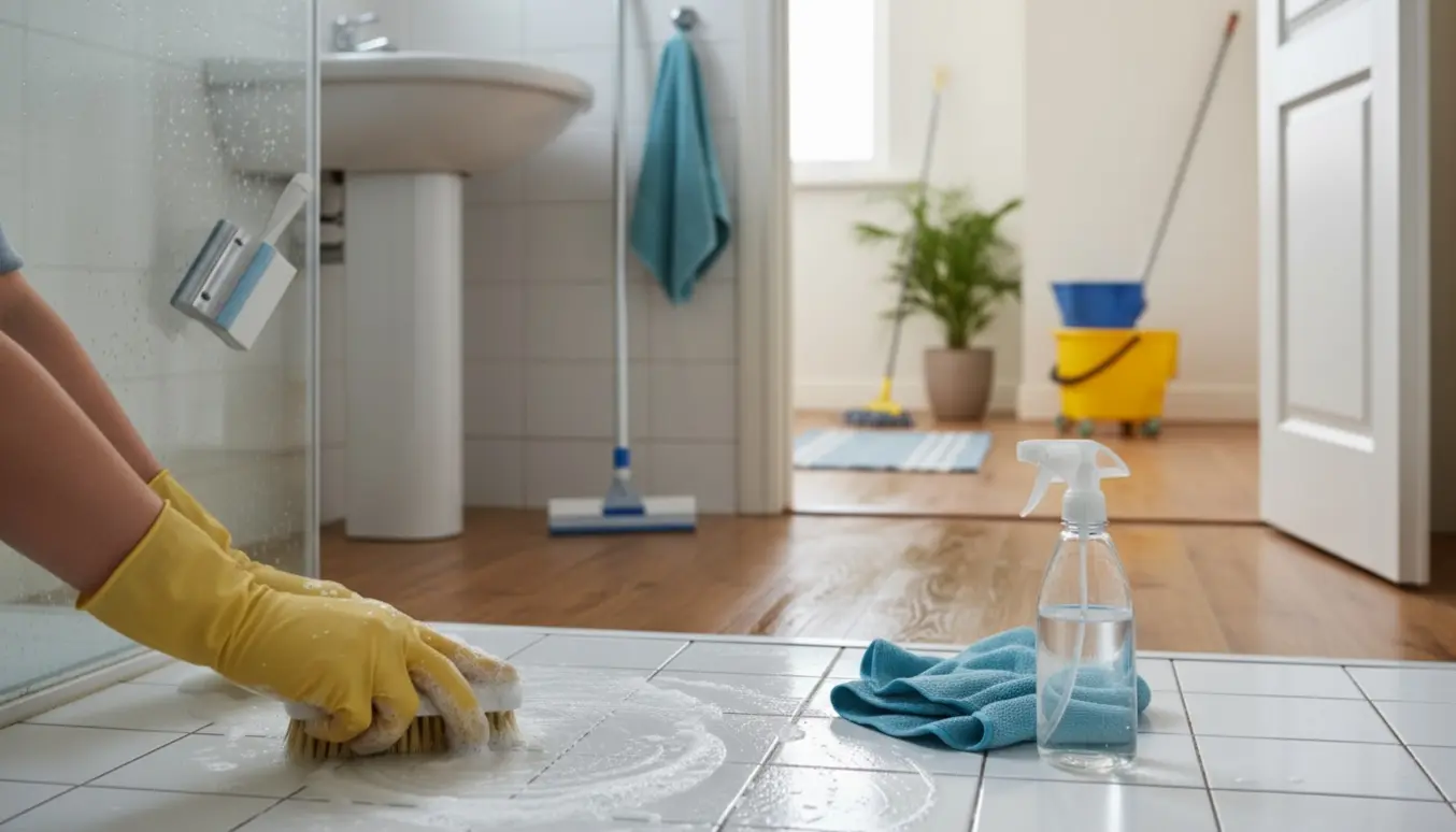 Handskerede hænder skrubber fliser i et lyst badeværelse med en moppe i den tilstødende gang.