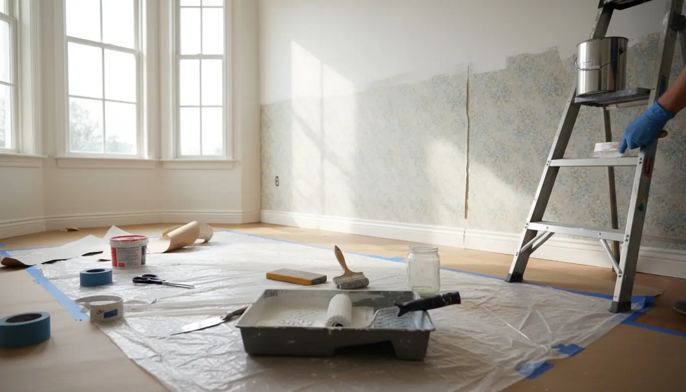 Lyst hjem, hvor væggene males hvide, tapet lappes og malerværktøj ligger på gulvet.