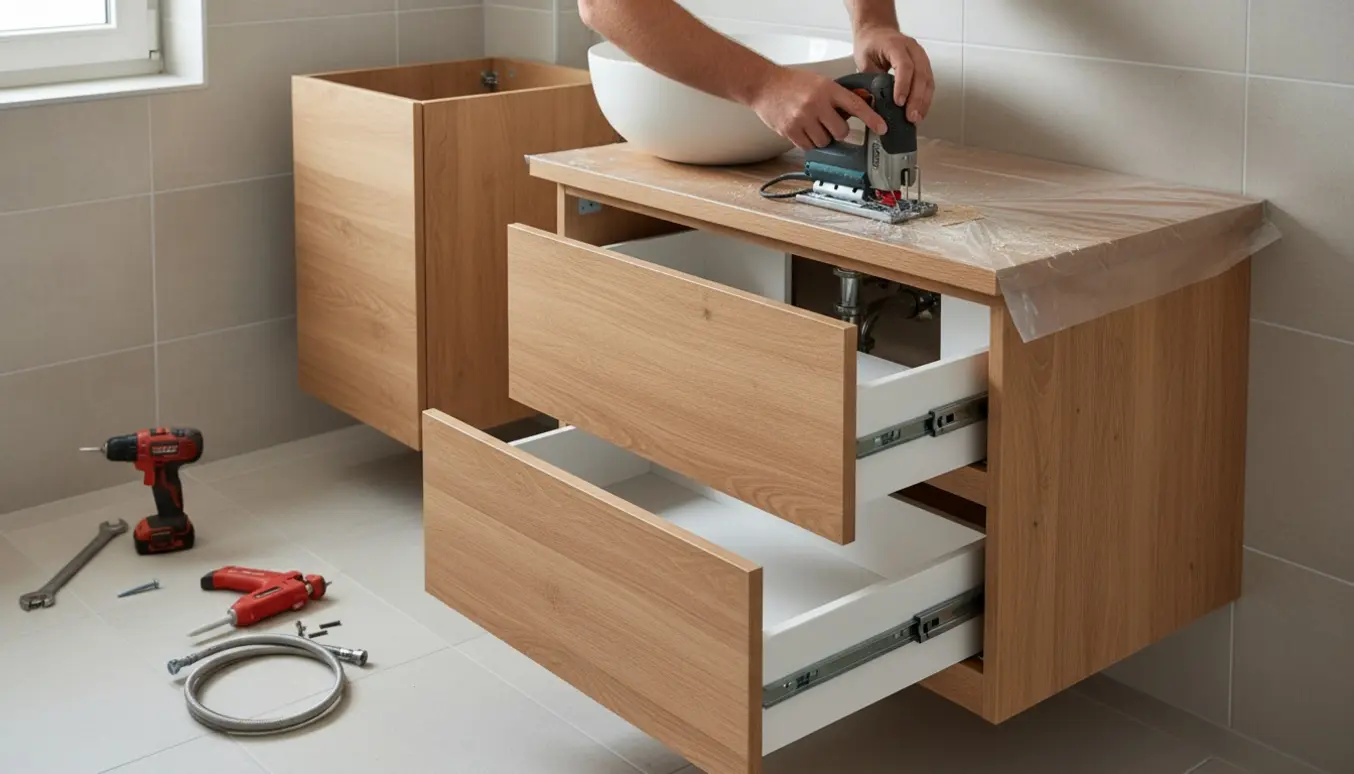 To modulbadeværelsesskabe med ny træbordplade monteres ved flisevæg, håndværkerhænder og værktøj i fokus.