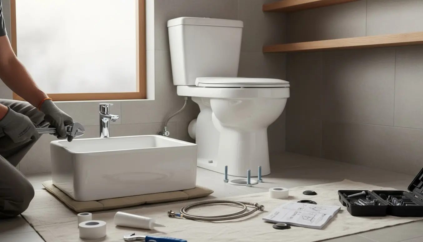 Håndværker installerer et nyt hvidt toilet og forbereder udskiftning af vask og armatur i et lyst badeværelse.