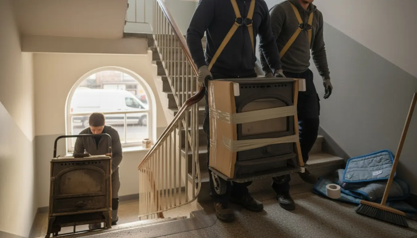 To flyttemænd bærer en ny tung brændeovn op ad en smal trappe, mens den gamle køres ned og læsses i en varevogn.