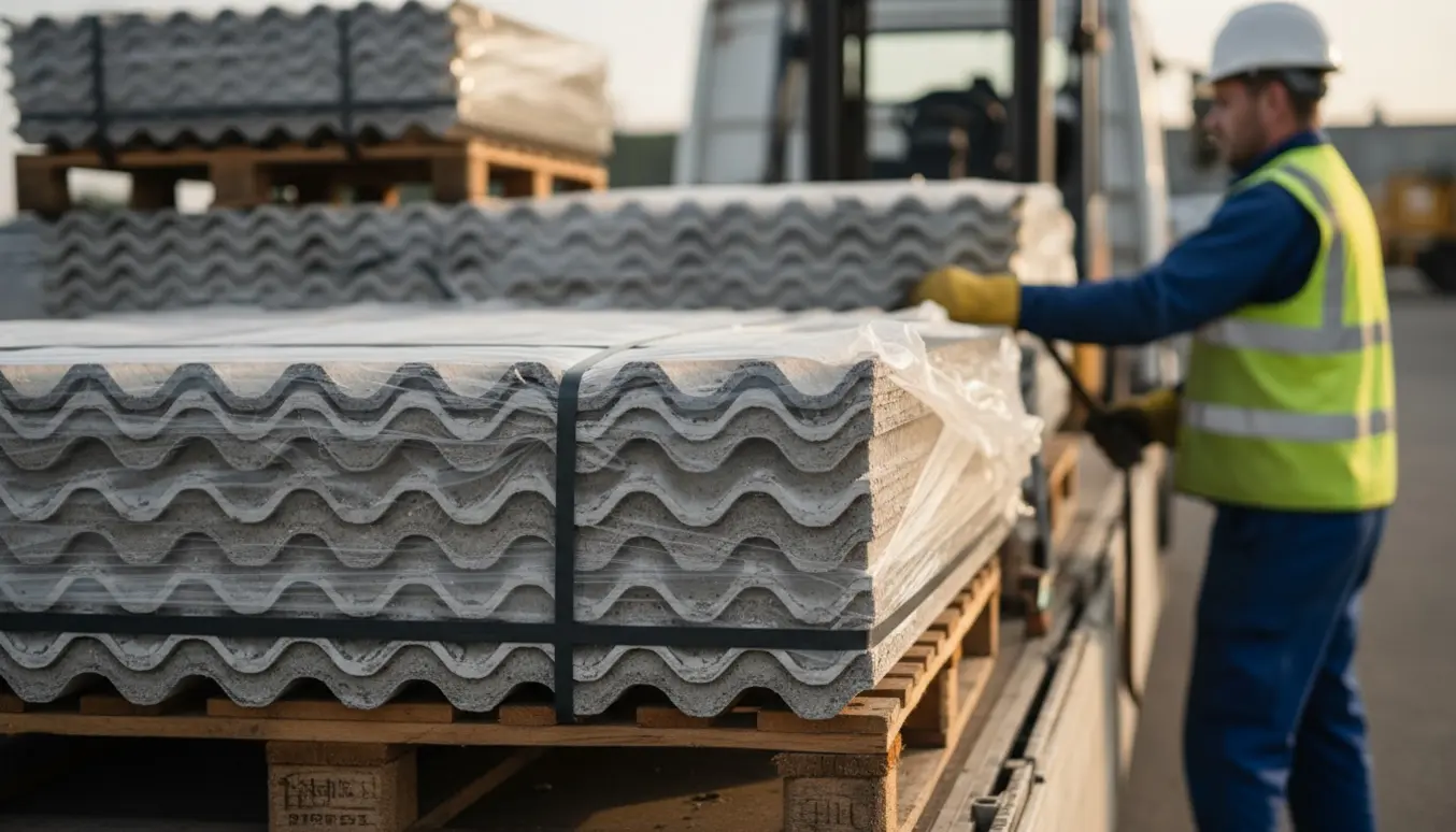 Paller med indpakkede asbestholdige tagplader klar til afhentning på en industriplads.