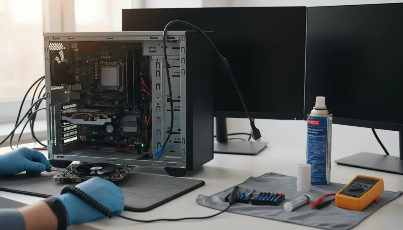Åben stationær pc med udtrukket grafikkort, løse kabler og værktøj klar til fejlfinding.
